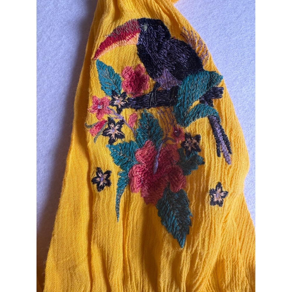 Forever 21 Yellow Embroidered Halter Mini Dress Floral Bird Tassel Large - Picture 5 of 11